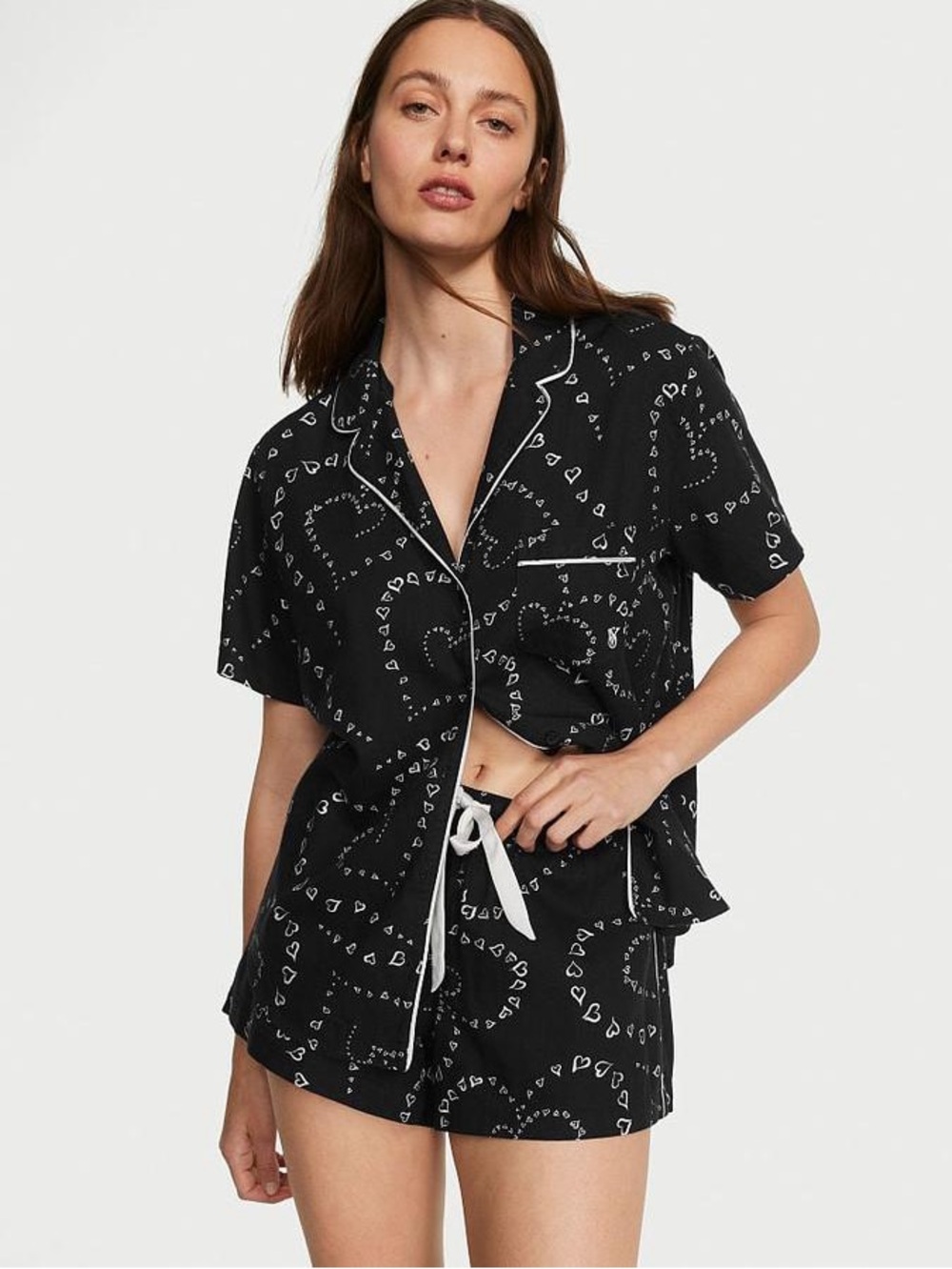 Victoria's Secret Black Short Pajama Set with White Heart Print